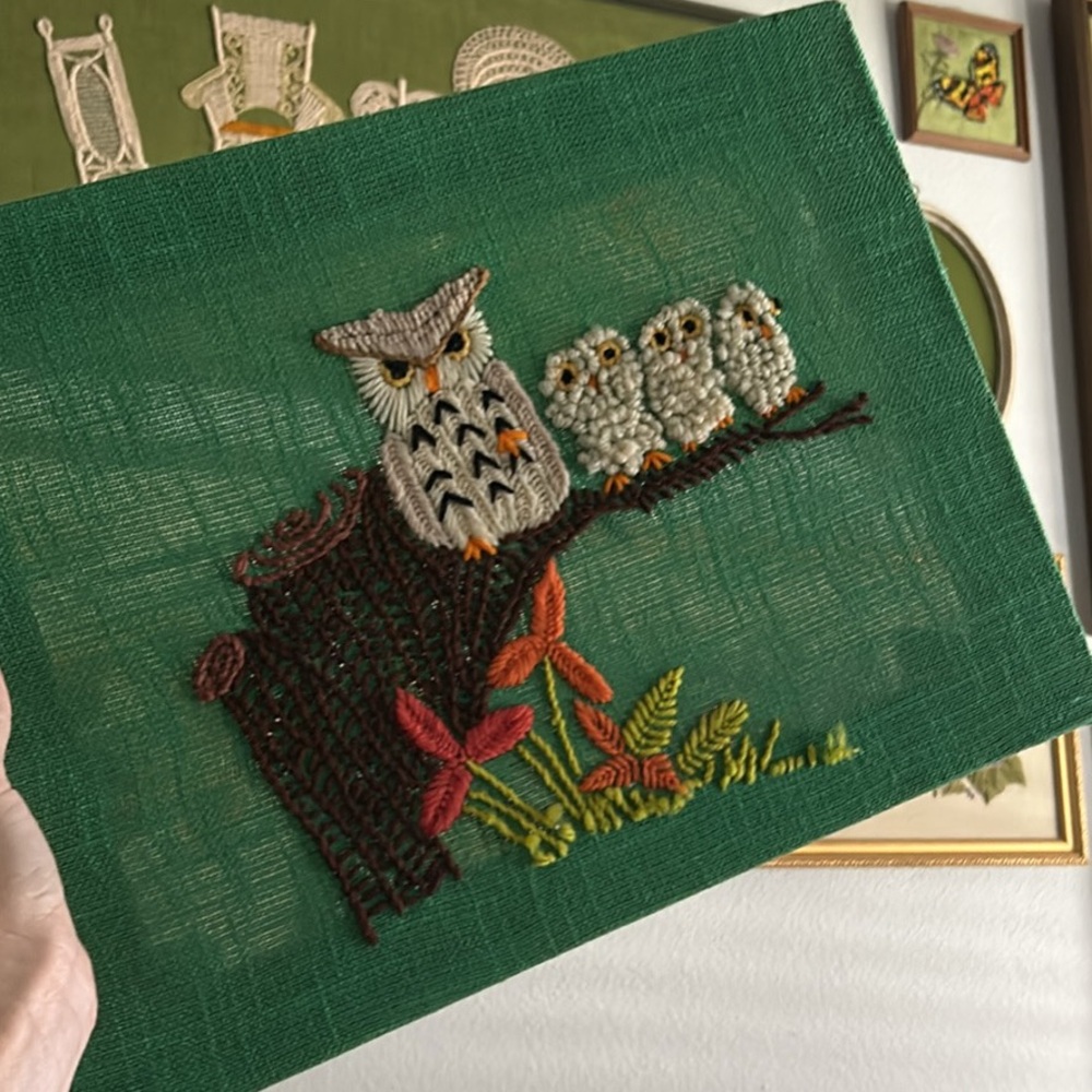 Green Embroidered Owl Art